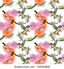 Drawing of beautiful bright birds and flowers seamless pattern vector