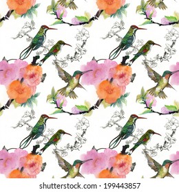 Drawing of beautiful bright birds and flowers seamless pattern vector