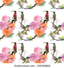 Drawing of beautiful bright birds and flowers seamless pattern vector