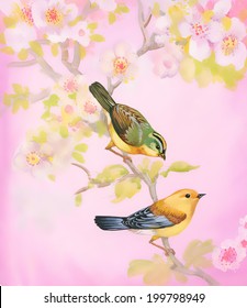 Drawing of beautiful bright birds and flowers vector