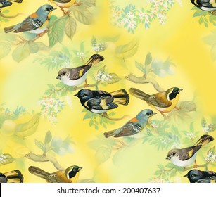 Drawing of beautiful bright birds and flowers seamless pattern vector