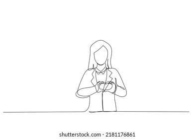 Drawing Of Beautiful Business Woman Smiling In Love Showing Heart Symbol And Shape With Hands. Single Line Art Style
