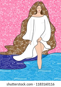 drawing of a beautiful girl with long hair, walking on the water, girls with zodiac signs, this personifies Pisces