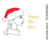 Drawing beautiful girl in profile in a red Santa hat and the golden words Happy New Year. Greeting card, poster, winter fashion illustration. Side view