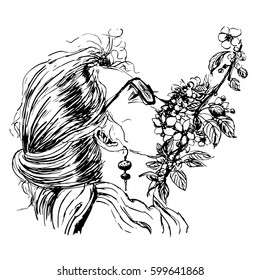 Drawing beautiful long-haired girl in glasses smelling the flowering apple tree branch, hand-drawn sketch vector illustration