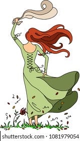 Drawing of a Beautiful Medieval Irish Celtic Red Hair Woman in Traditional Green Dress Standing Alone Barefoot in the Grass Holding Scarf in the Wind