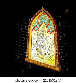 Drawing of beautiful princess playing mandolin near gothic stained glass window. Cover for children fairy tale book or background for kids poster. Fantasy illustration of medieval fairyland kingdom.