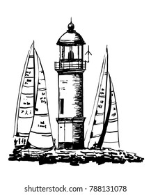 drawing of a beautiful stone lighthouse on an island, among moored yachts during a regatta, sketch, hand-drawn vector illustration