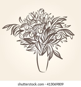 Drawing of beautiful tulips in a pot.