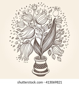 Drawing of beautiful tulips in a pot.