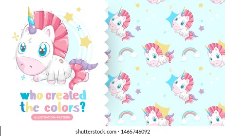 Drawing of beautiful unicorn with patterns background