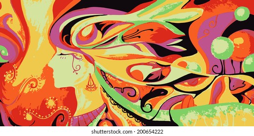 Drawing beautiful woman face on abstract floral background. Vector illustration