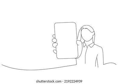 Drawing of Beautiful Young Woman Showing Big Smartphone With Blank Screen, Free Copy Space For Your Design. Oneline art drawing style
