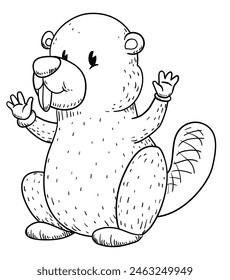 Drawing of beaver with hands up and gloves. Design in retro and hand drawn style.