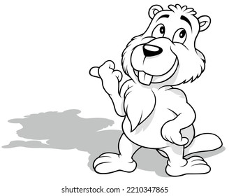 Drawing of a Beaver Pointing to the Right with its Paw - Cartoon Illustration Isolated on White Background, Vector