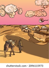 Drawing of a Bedouin nomad man walking with a calm big camel in a desert. City in Tunisia with hot weather vector hand drawn illustration milky pastel gradient clouds. Poster design, t-shirt print. 