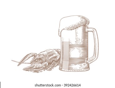 Drawing of beer glass and boiled red crawfish on the white