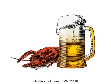 Drawing of beer glass and boiled red crawfish on the white