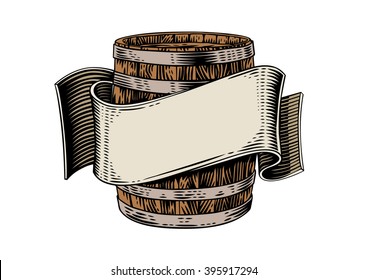 Drawing of beer wooden barrel and beige ribbon on the white