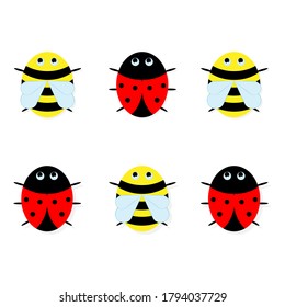 Drawing of bees and ladybugs. Vector ladybird