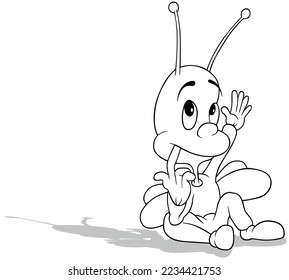 Dibujo de un escarabajo sentado en el suelo con un dedo en la boca - Ilustración de dibujos aislados en fondo blanco, vector