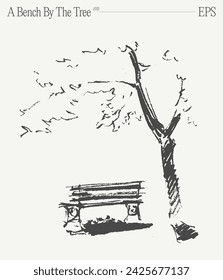 A drawing of a bench under a tree. Hand drawn vector illustration, sketch.