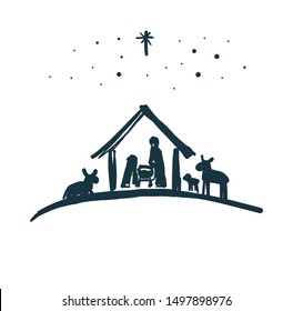 Drawing, Bible Merry christmas scene of holy family. Vector