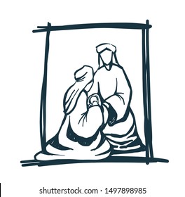 Drawing, Bible Merry christmas scene of holy family. Vector