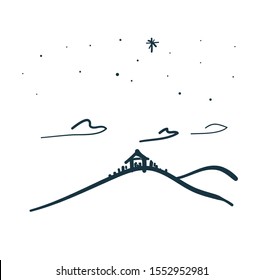Drawing, Bible Merry christmas scene of holy family. Vector