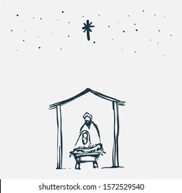 Drawing, Bible Merry christmas scene of holy family. Vector