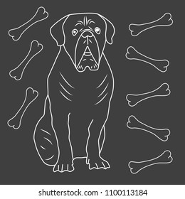 A drawing of a big dog with a bone. a white pencil on a gray background.