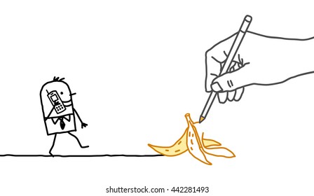 Drawing big hand and  businessman - banana peel