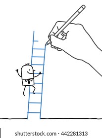 Drawing big hand and businessman - climbing up