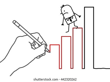Drawing big hand and  businessman - climbing down