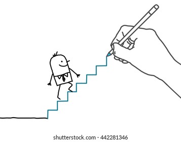 Drawing big hand and businessman - going up