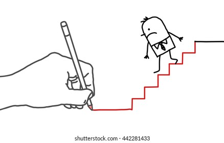 Drawing big hand and  businessman - going down