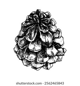 Drawing big pine cone.  Graphic, artistic, sketch drawing. Vector illustration. Good for greeting card design, xmas holiday decor.