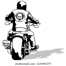 Drawing of a Biker on a Motorcycle from the Back - Black Illustration Isolated on White Background, Vector