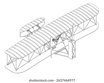 A drawing of a biplane with a white background. The plane is shown in black and white. Isometric view. 3D