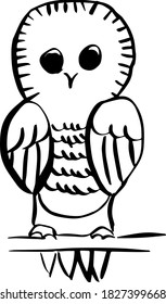 Drawing bird, owl sitting on a branch.