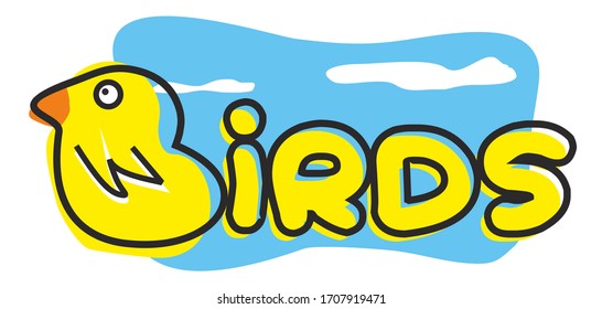 Dibujo de un pájaro que forma la palabra pájaro. Tiene un fondo de cielo. Vector de dibujo secundario.