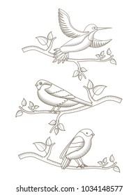 drawing birds in branch tree natural decoration