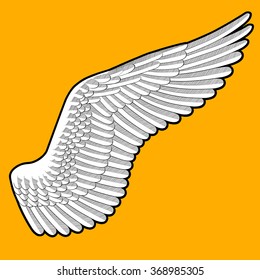 Drawing of bird's wing with detailed feathers on orange background. Thick outer contour is easily removed. Vector illustration