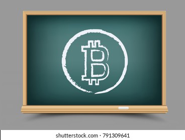 Drawing bitcoin school blackboard crypto currency lesson on gray background. Teach to mining finance. E-commerce business learning