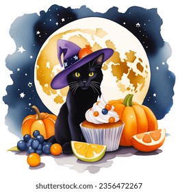 Drawing black cat in hat on full moon background with cupcake pumpkin and fruit. Isolated on white background design element. Holiday clipart for greeting card, party, print, poster, cover. Vector