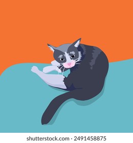 Drawing of a black cat with white marks on its nose and legs. He was about to sleep but looked startled by something   suspiciously. Lying on a colorful background