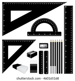 Drawing black color set. Black ruler and pencil, eraser with sharpener isolated on white background.
