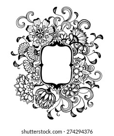 Drawing Of A Black Flower Border On A White Background With Abstract Wildflowers And Curled Floral Designs Around A Fancy Text Box Frame In A Vector Illustration.