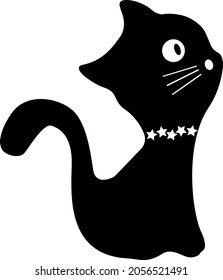 Drawing black kitten with white pearl collar in side view