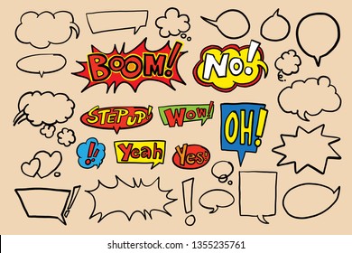 Drawing Black lines speech bubbles for comic or insert words inside blank frames as thinking, speaking and planing